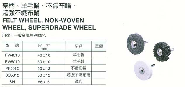 中壢五金,桃園五金,五金批發,五金行,研磨材料類,帶柄/羊毛輪/不織布輪/超強不織布輪