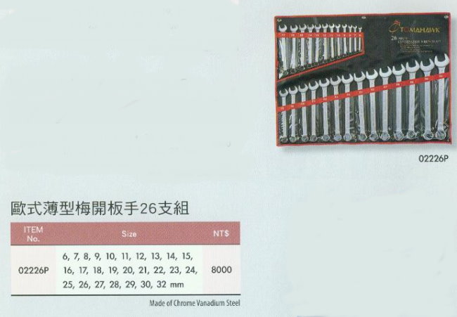 中壢五金,桃園五金,五金批發,五金行,手工具類,歐式薄型梅開板手26支組