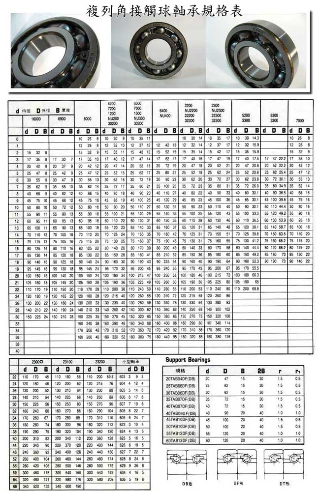 中壢五金,桃園五金,五金批發,五金行,培林、鏈條、螺絲,複列角接觸球軸承規格